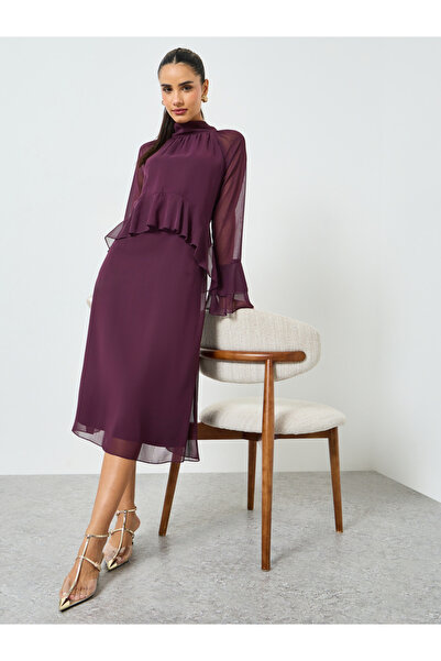 Styli Purple Bell Sleeve Ruffled Detail Midi Dress