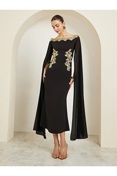 Styli Black Lace Detail Cape Sleeve Sheath Maxi Dress