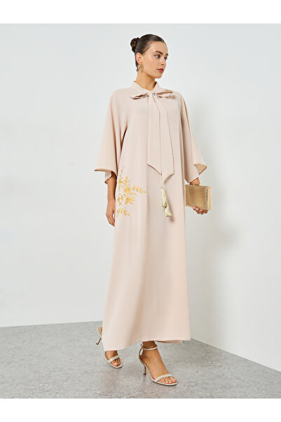 Take Two By Styli Beige Embroidered Tie Neck A-Line Jalabiya