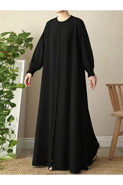 Take Two By Styli عباية سوداء سادة بأكمام بالونية قَصّة على شكل A الأسفل