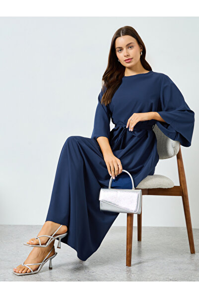 Take Two By Styli Dark Blue Bell Sleeve Waist-Tie Maxi Dress