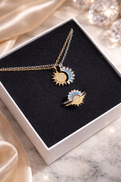 CASELN طقم قلادة وخاتم من الفولاذ بتصميم القمر والشمس قابل للتعديل