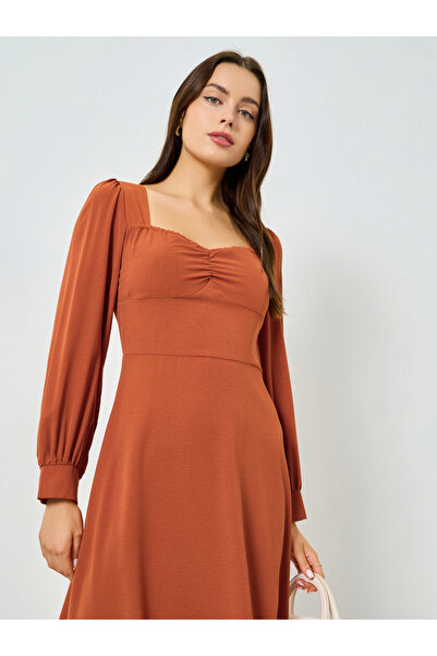Take Two By Styli Rust Ruched Neck Puff Sleeve A-Line Maxi Dress