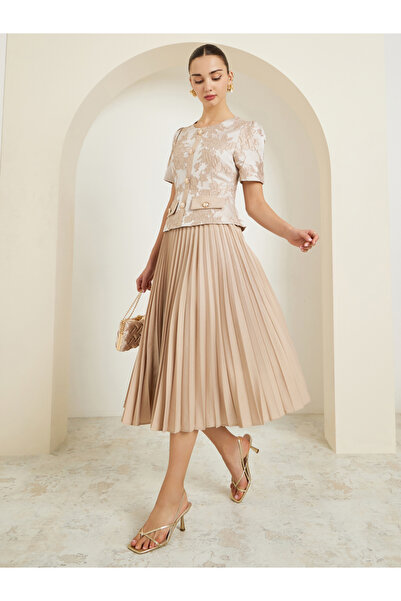 Styli Beige Jacquard Pleated A-Line Midi Dress