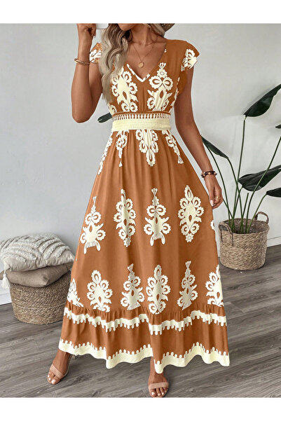 Take Two By Styli Women Orange Graphic Print Elastic Waist Maxi Dress