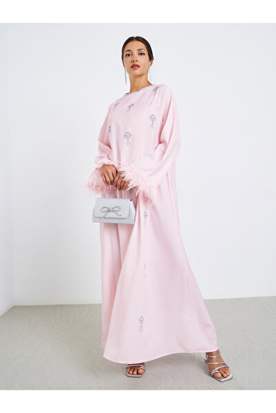 Amirah By Styli Women Printed Jalabiya with Faux Feather Trim