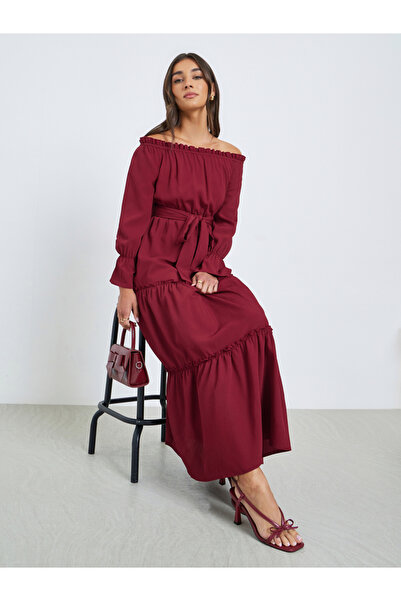 Styli Maroon Off Shoulder Tiered Maxi Dress