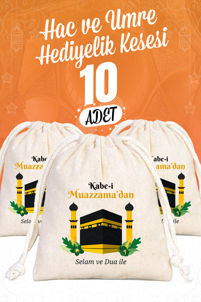 Pamusan Hac ve Umre Hediyelik Bez Kese 10x13 - Kabe-i Muazzama’dan Selam ve Dua ile 10 ADET