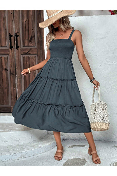Take Two By Styli Women Grey Smocked Strappy Tiered Midi Dress