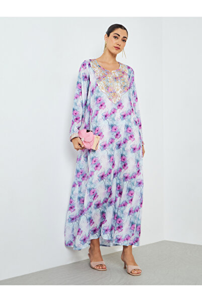 Amirah By Styli Purple Floral Print Embroidered Jalabiya