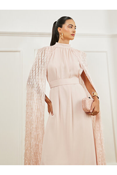 Styli Light Pink Embellished Cape Maxi Dress