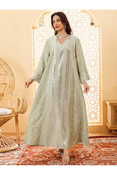 Take Two By Styli Women Green Sequined Embellished Jalabiya