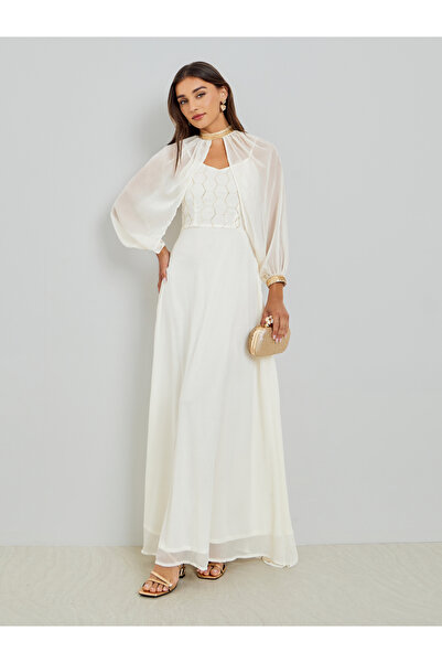 Styli White Sequin Maxi Dress with Removable Cape