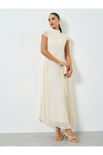 Styli Beige Pleated Short Sleeves A-Line Midi Dress