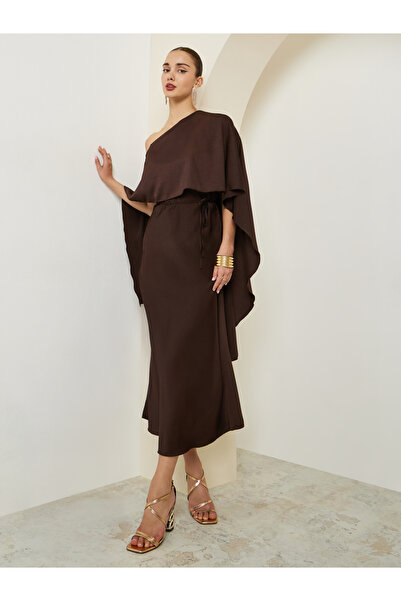 Styli Brown One Shoulder Cape Detail Midi Dress