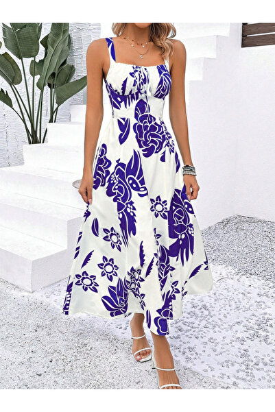 Take Two By Styli Women Blue Printed Strappy A-Line Maxi Dress