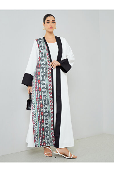 Amirah By Styli White Open Front Abaya with Printed Panel