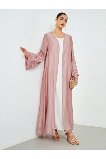 Amirah By Styli Light Pink Embroidered Sleeve A-Line Abaya