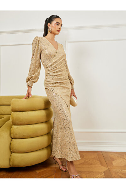 Styli Gold Shimmering Pleated Maxi Dress