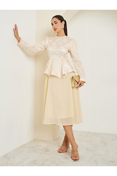 Styli Beige Long Sleeves A-Line Midi Dress