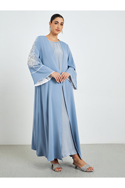 Amirah By Styli Blue Embroidered Sleeve A-Line Abaya