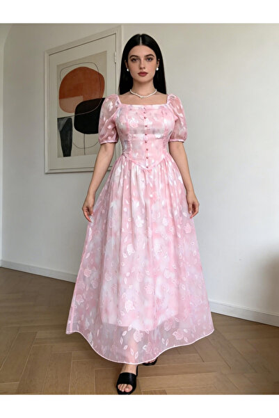 Take Two By Styli Pink Floral Puff Sleeve A-Line Maxi Dress