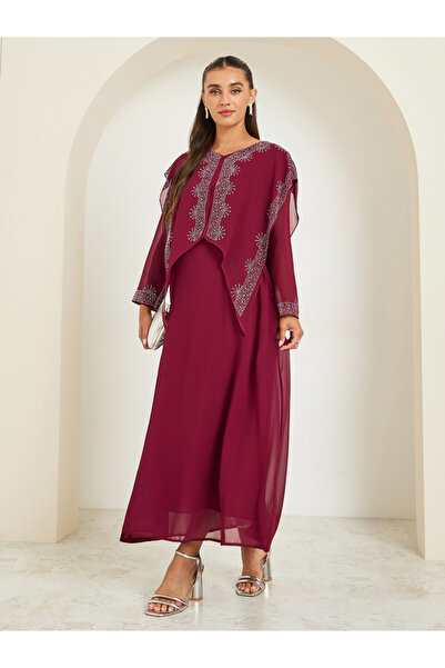 Styli Burgundy Embellished Cape Maxi Dress