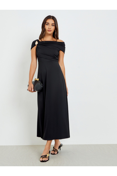 Styli Black Off Shoulder Maxi Dress with Buckle Detail
