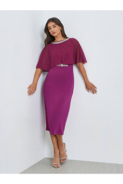 Styli Women Embellished Cape Sleeve Sheath Midi Dress