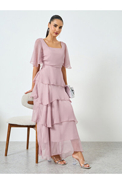 Styli Pink Short Sleeve Tiered Maxi Dress