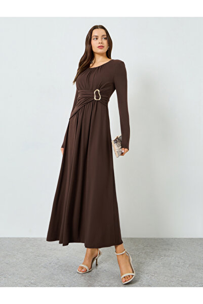 Take Two By Styli Brown Ruched Detail Long Sleeve Maxi Dress