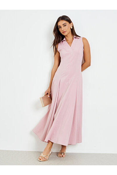 Styli Pink Open Collar Fold Pleat Maxi Dress