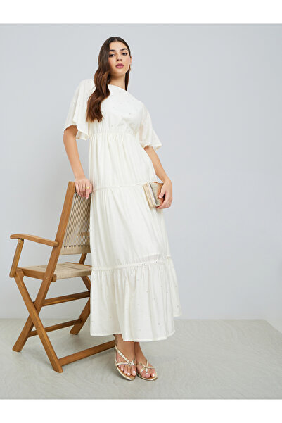 Styli Women Cream Bell Sleeve tiered Maxi Dress