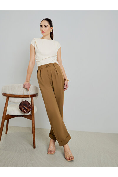 Styli Beige Wide Leg Pleated Trousers
