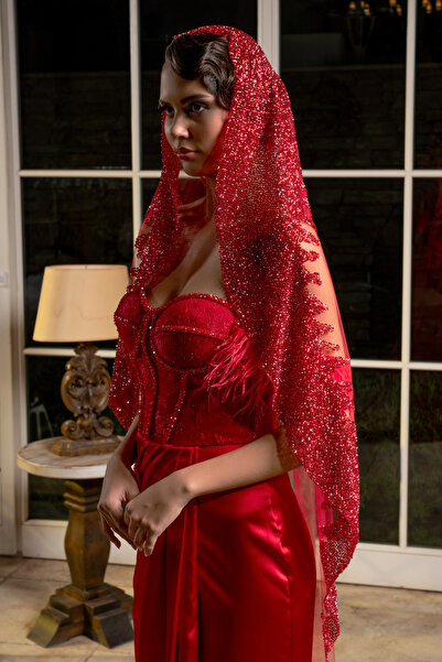 Simay Aksesuar Kırmızı Gelin Duvağı,Kına Duvağı 230 Cm