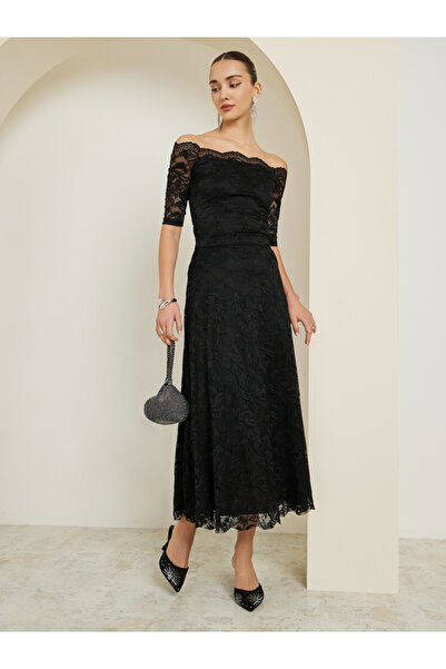 Styli Black Lace Overlay A-Line Midi Skirt
