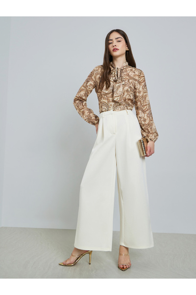 Styli Cream Pleated Wide Leg Trousers