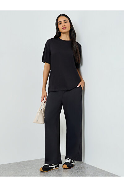 Styli Black Wide Leg Joggers with Drawstring