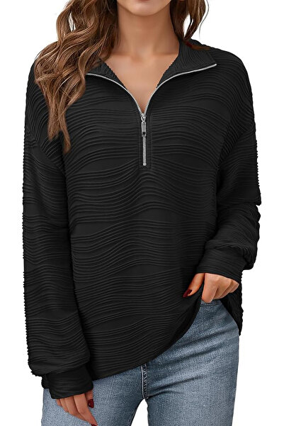 OEM Black textured loose blouse, long sleeves, V-neck with zipper, M