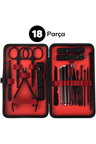 18 Parça Manikür Pedikür Set Kutusu Çelik Deri Çantalı Bakım Seti (4887)