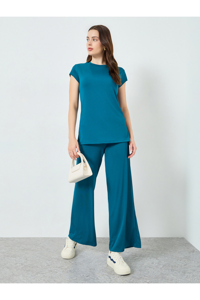 Styli Women Blue Ribbed Wide Leg Joggers