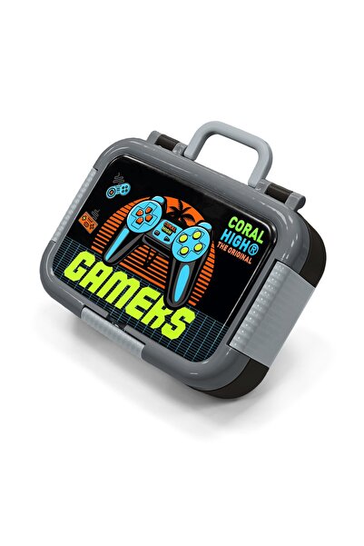Coral High Kids Gray Orange Gamer Patterned Stainless Steel Lunch Box 39254
