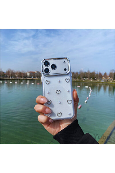 yubu iPhone 17 Pro Kalp Desenli Şeffaf Simli Kamera Korumalı Parlak Telefon K...