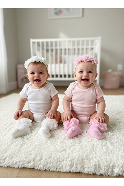 Harry&Millie 4'lü Ekru-Pembe yenidoğan kız bebek süslü çorap bandana seti beb...