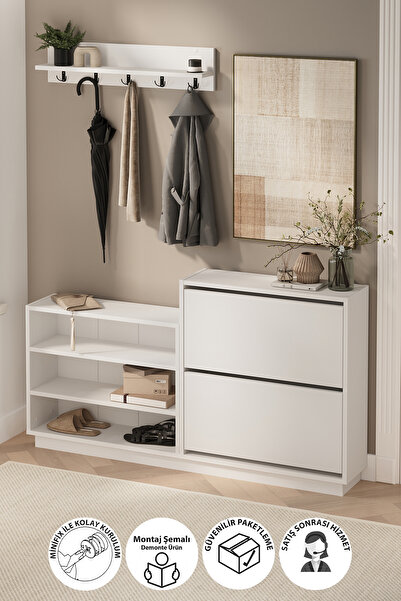 Bofigo Ayakkabılık ve Portmanto Askılık Seti Düşer Kapak Ayakkabılık Elbise A...