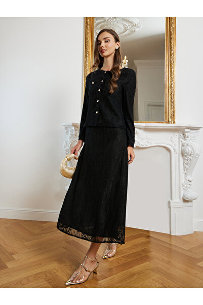 Styli Black Lace A-Line Midi Skirt