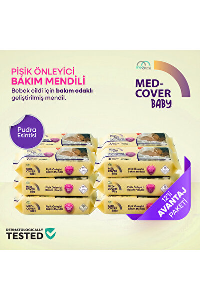 MED-COVER Baby Pişik Önleyici Bakım Mendili – Pudra Esintisi / 50'li x 12 Ava...