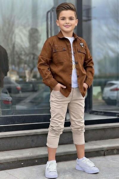 Riccotarz Boy's Back Printed Snap Button Brown Shirt Slim Fit Pants Top and B...