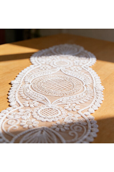 POKUT Lüks Gümüş İşlemeli Tül Runner - Çeyizlik Dantel Nakışlı Dekoratif Masa...