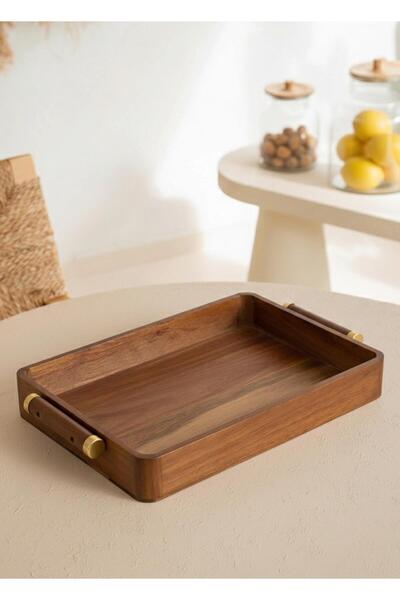 The Mia Natura Acacia Metal Tray with Handle Gold 47X30X6 cm